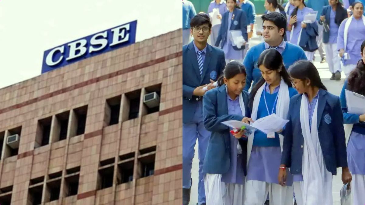A student checking the CBSE exam timetable on a notice board with books and stationery.
