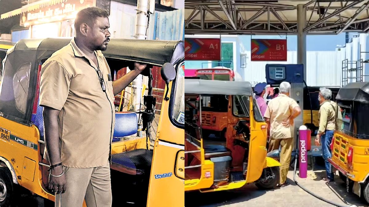 Long queues of autorickshaws waiting for LPG gas at an Indian Oil bunk in Chennai.