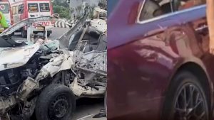 A damaged luxury car and auto-rickshaw after a multi-vehicle collision on RK Salai near the DGP office in Chennai.