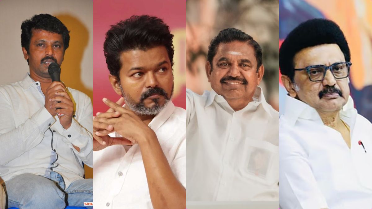 Filmmaker Cheran speaking at a press interaction about Tamil Nadu politics and the 2026 elections.