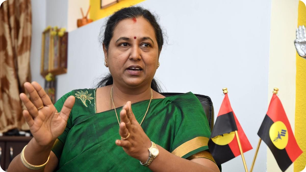 DMDK General Secretary Premalatha Vijayakanth addressing supporters at a massive election rally in Virudhachalam during the 2026 Tamil Nadu Assembly polls.