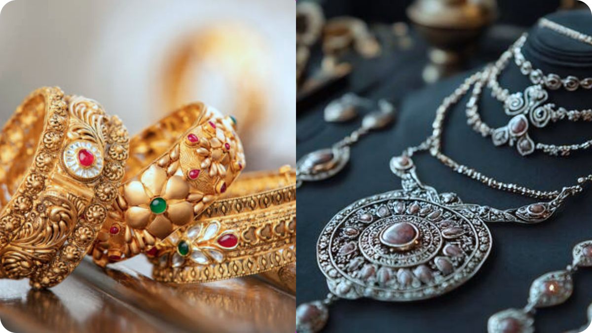 Close up of gold jewelry and silver bars with price chart indicating a price drop.
