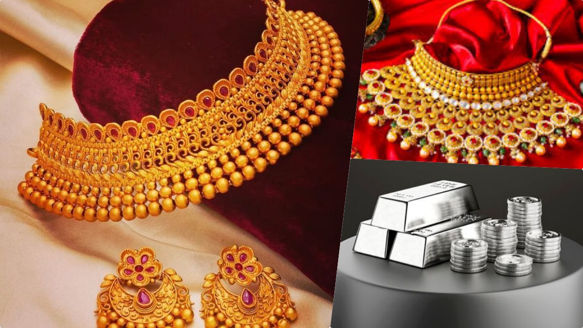 Gold jewelry and silver bars with a downward trending red arrow