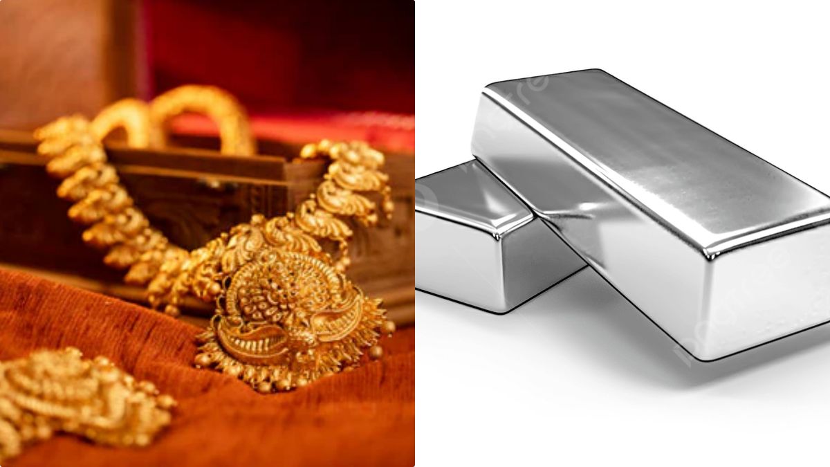 Gold ornaments and silver bars displayed with a rising price arrow indicating a market surge.