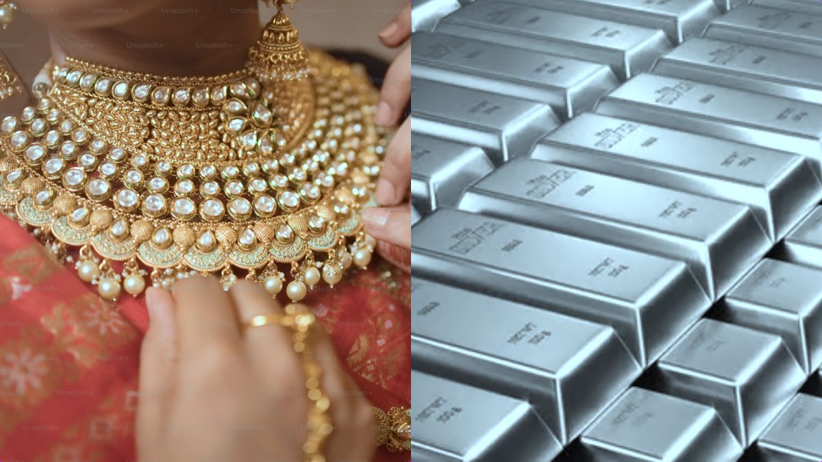 Gold jewelry and silver bars displayed with a price tag showing a downward trend on April 24, 2026.