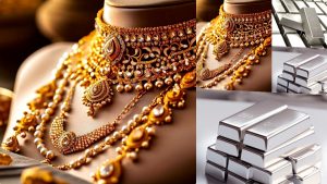 Gold jewelry and silver bars with a price chart background.
