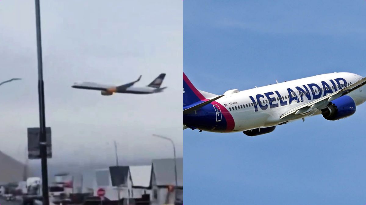Icelandair Boeing 757 aircraft flying at dangerously low altitude over a town during unauthorized pilot maneuver.