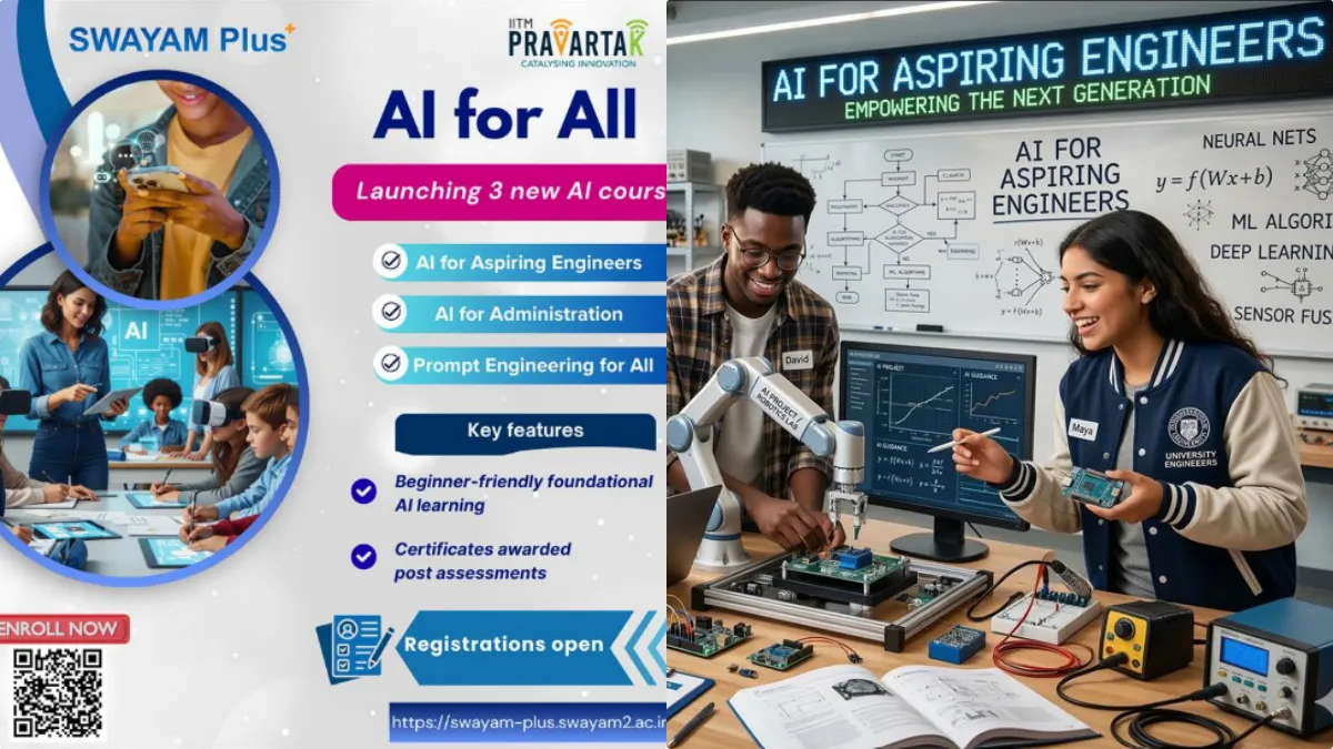 Illustration of a professional learning AI concepts with IIT Madras and SWAYAM Plus branding.