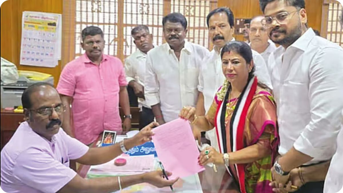 Leema Rose Martin filing her nomination as the AIADMK candidate for Lalgudi constituency in April 2026.