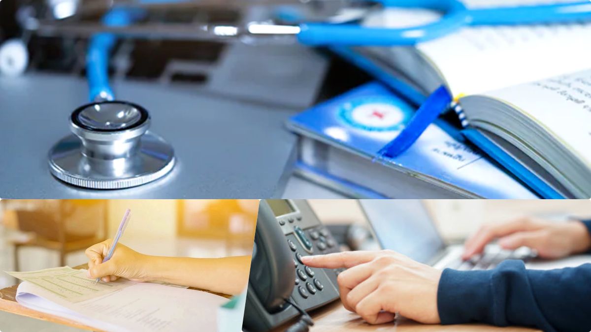 NEET aspirants checking updates on a laptop with helpline numbers 14416 displayed.