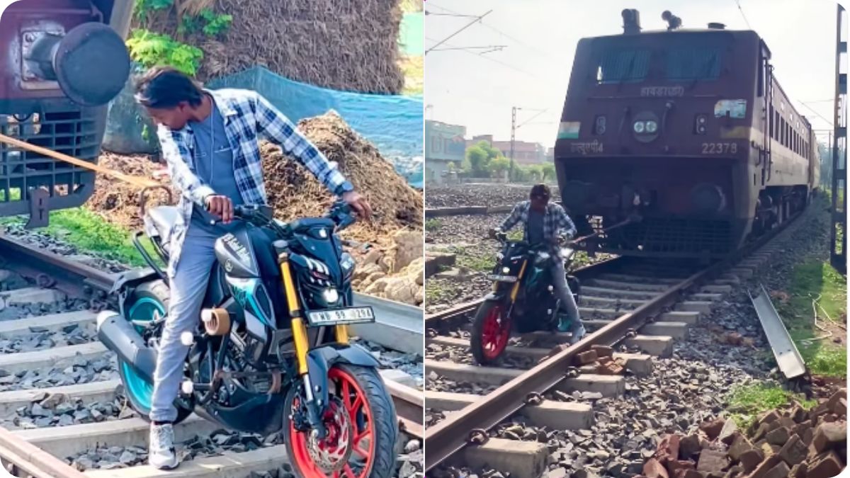 A viral video screenshot of Rider Sohel from West Bengal attempting to pull a train with a motorcycle.