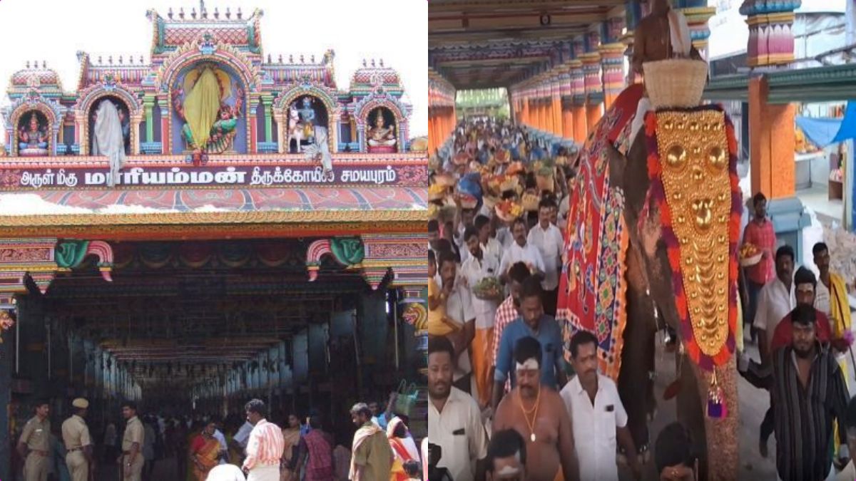 Close-up of Goddess Samayapuram Mariamman idol in special gold alankaram on the chariot during the 2026 Chithirai festival.