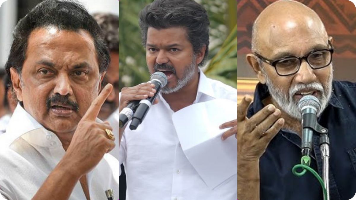 Actor Sathyaraj speaking at a DMK meeting criticizing TVK chief Vijay's comments about MK Stalin in April 2026.