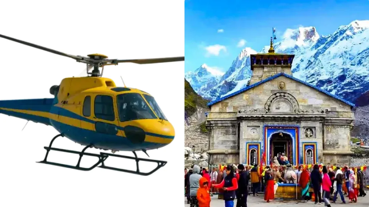 Devotees praying at Kedarnath temple with a helicopter landing nearby.