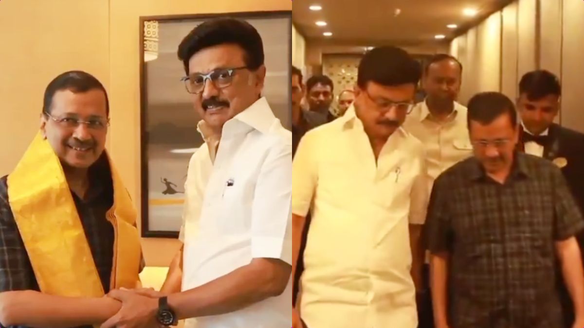 Chief Minister M.K. Stalin and AAP leader Arvind Kejriwal waving to crowds during a joint election campaign in North Chennai on April 20, 2026.