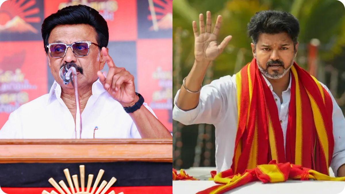 Split visual of CM MK Stalin and TVK leader Vijay addressing massive election crowds in Tamil Nadu.