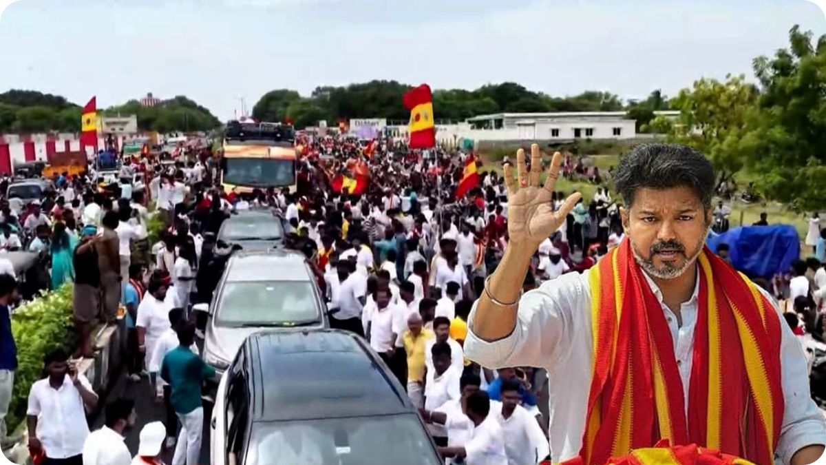 TVK President Vijay participating in a political roadshow campaign in Karaikudi, Sivaganga.