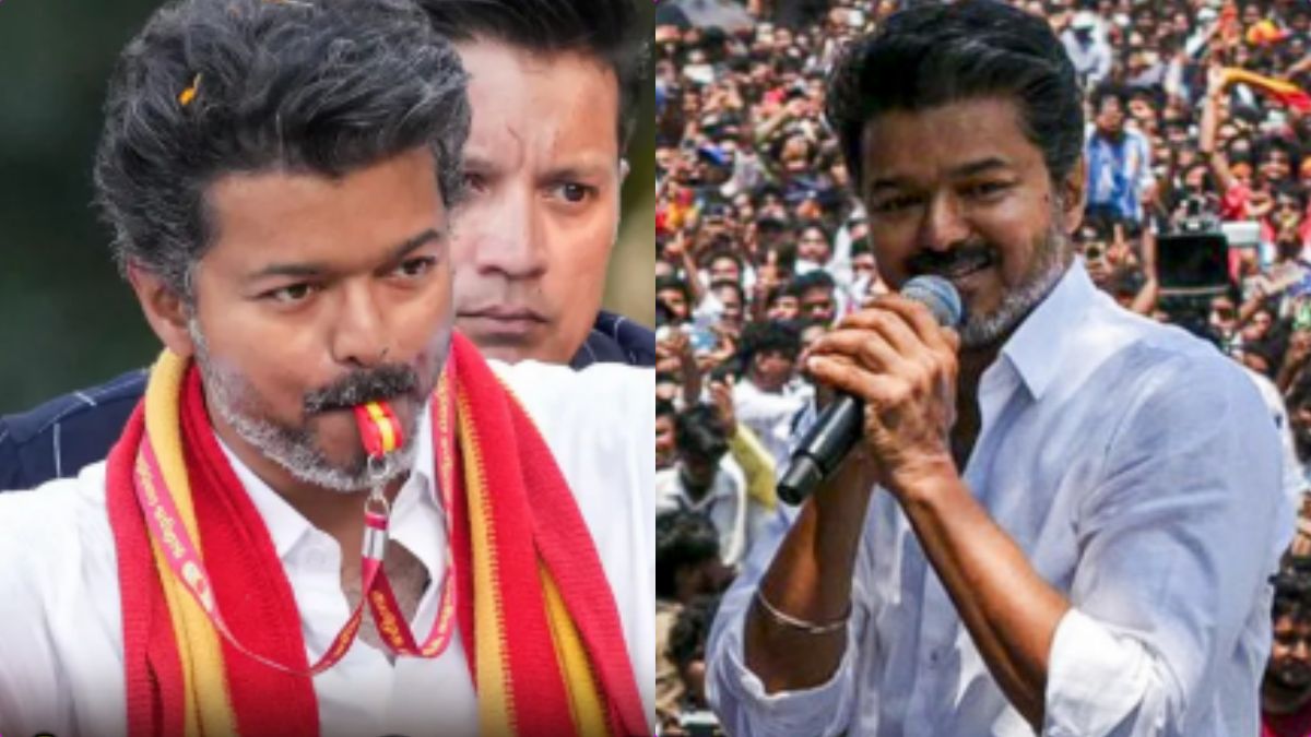 TVK President Vijay waving to supporters during a roadshow in Chennai for the 2026 Assembly Elections.