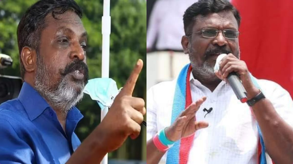 VCK Chief Thol. Thirumavalavan looking frustrated during an election campaign rally in April 2026.