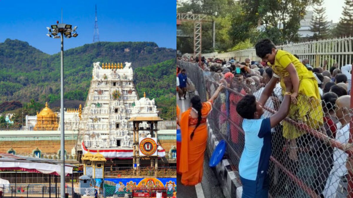 Large crowds of devotees standing in long queue lines outside the Tirumala Venkateswara Temple.