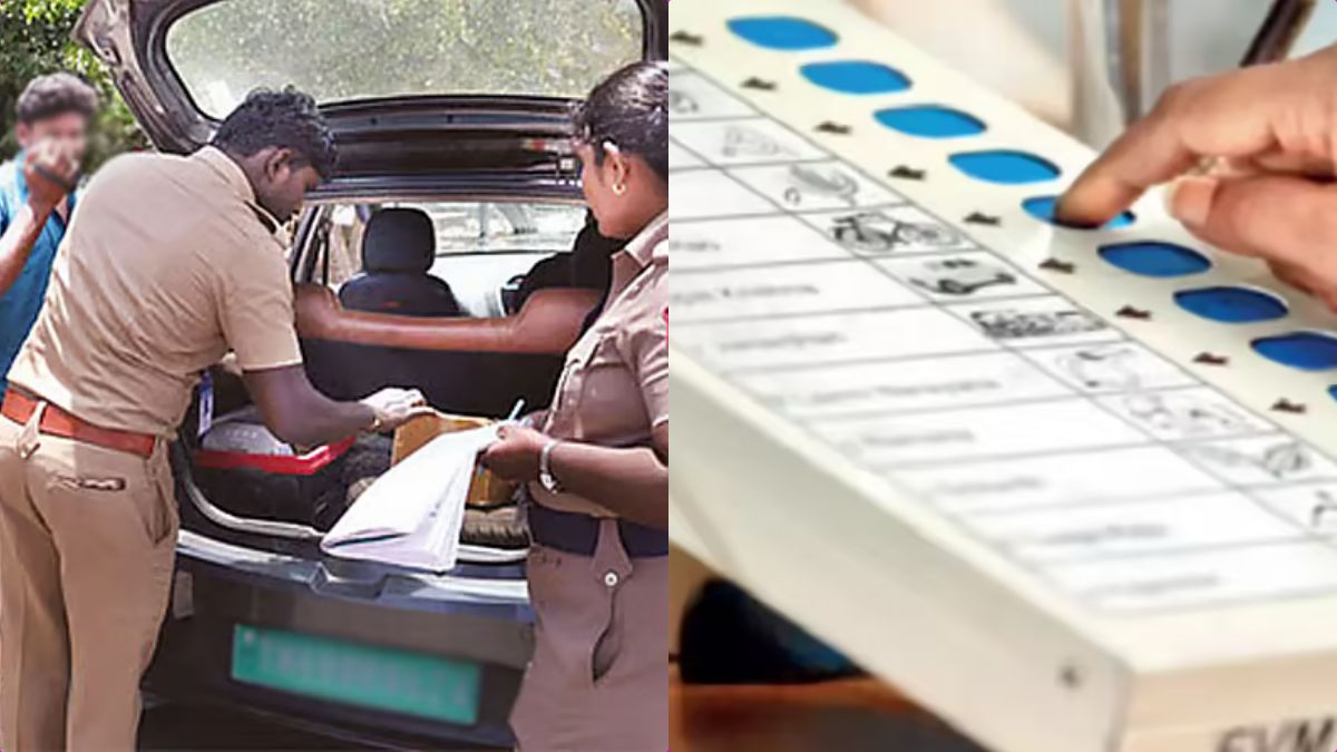 Heavy security and paramilitary forces guarding a sealed election counting center in Tamil Nadu.