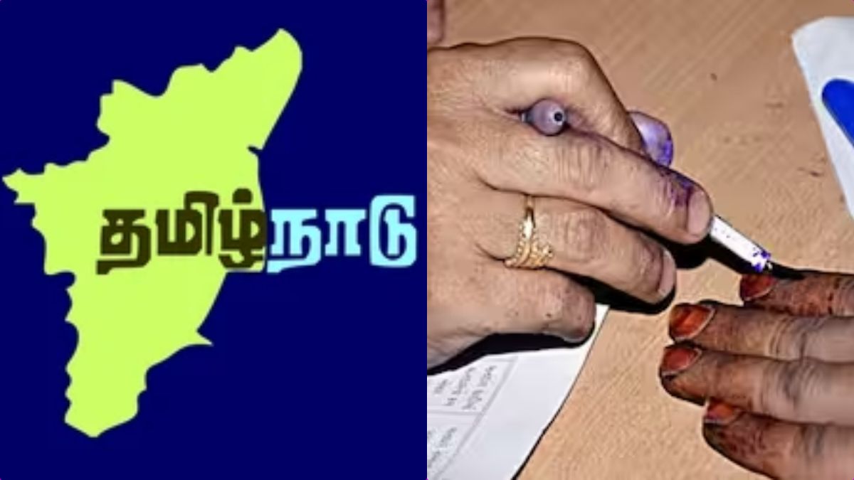 Crowded polling station in Tamil Nadu with a graphical overlay showing 82.24% record turnout.