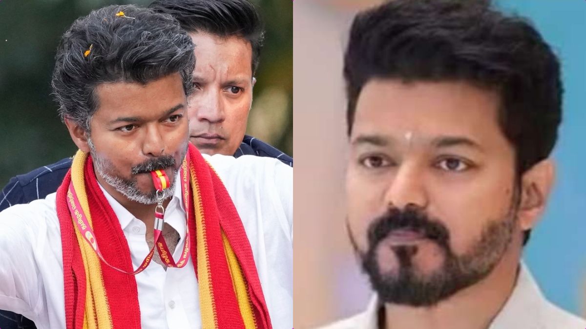 TVK President Vijay waving at a huge crowd during his election campaign trail.