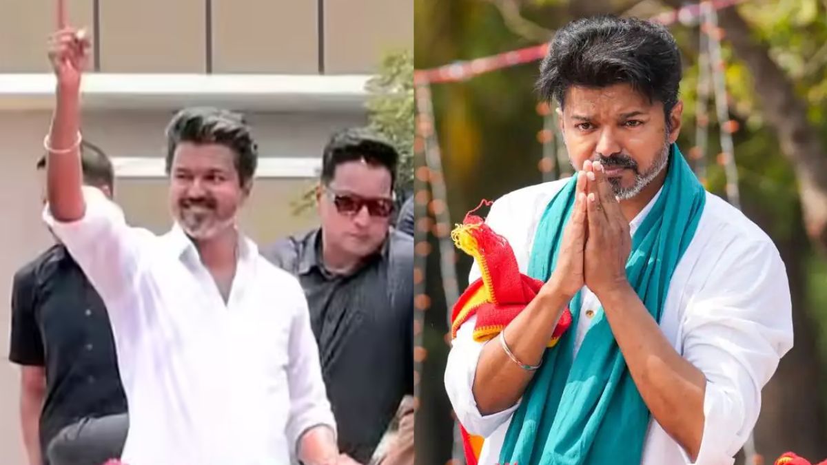 TVK Chief Vijay addressing a massive crowd during a campaign rally in Tirunelveli on April 8, 2026.