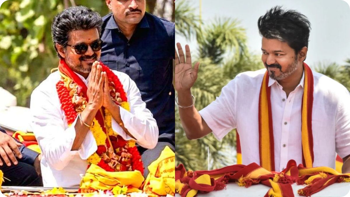 TVK chief Vijay waving to a massive crowd during his election campaign in Perumanallur, Tiruppur.