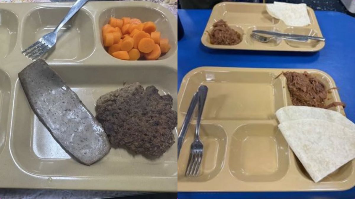 Leaked images of sparse meal trays from USS Abraham Lincoln showing dry patties and thin tortillas.