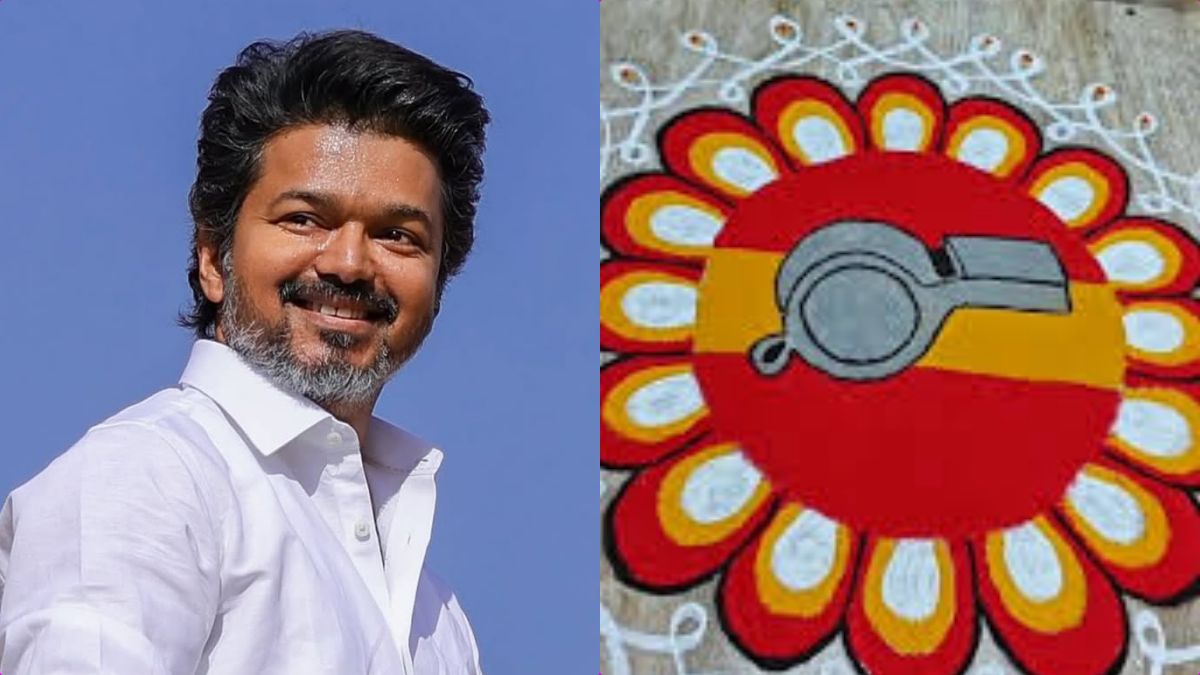 TVK Leader Vijay addressing a large gathering in Perambur, requesting women to draw whistle kolams.