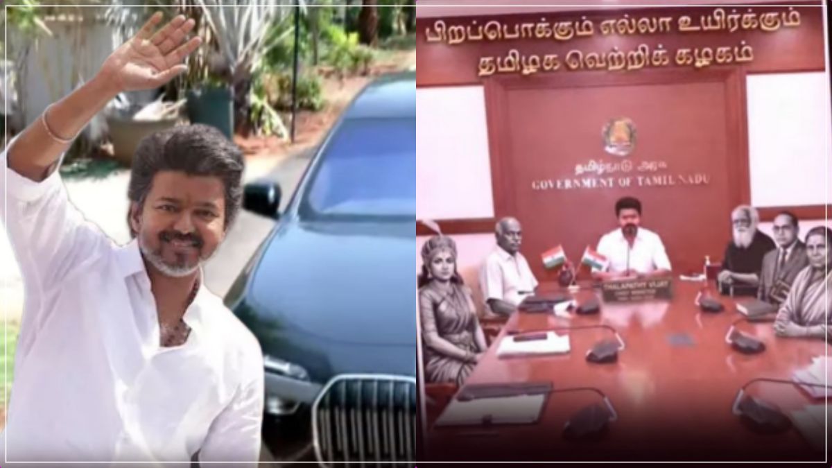 TVK Leader Vijay garlanding a child and waving to supporters during Trichy East election campaign in April 2026.