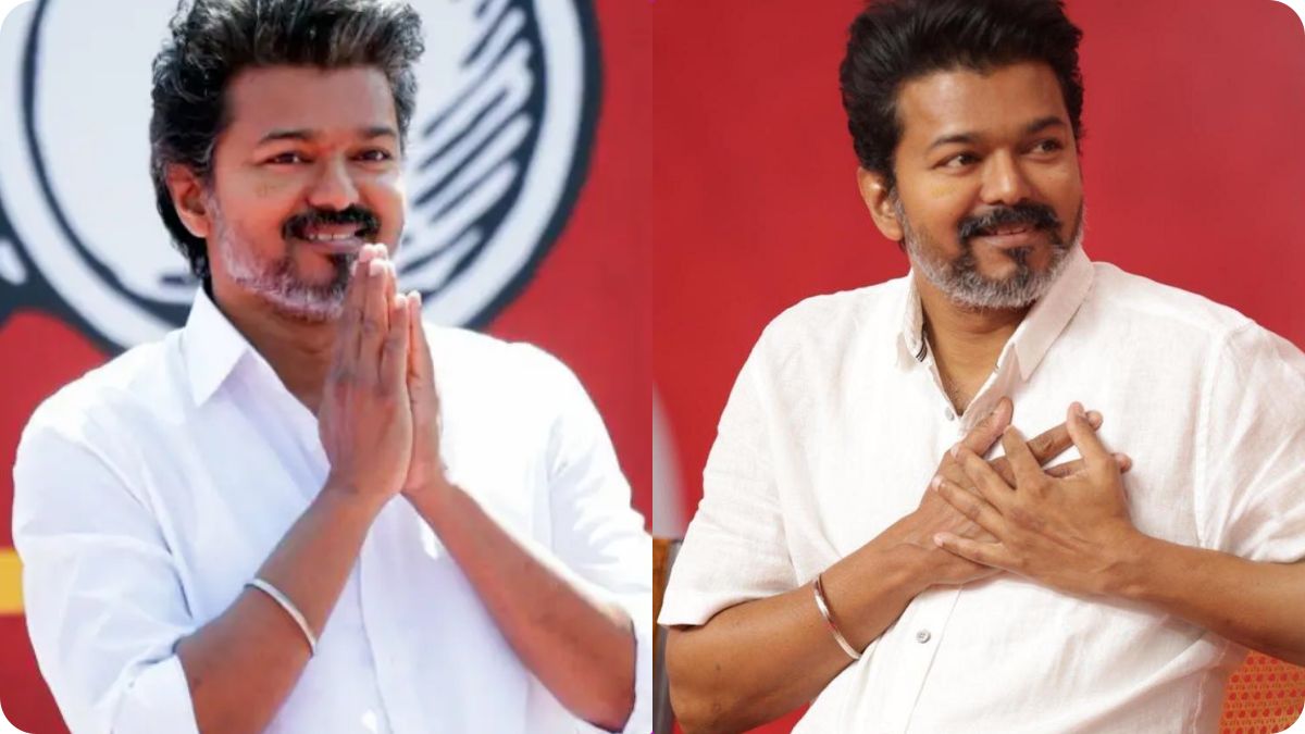 TVK leader Vijay's empty campaign stage or police barricades at a rally venue.