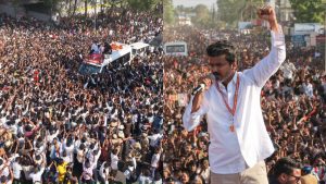 இன்று சென்னையில் விஜய் 'வெற்றி நடை' பிரச்சாரம்! தி.நகர், எழும்பூரில் வாக்கு சேகரிப்பு; நாளை வெளியாகிறது தவெக தேர்தல் அறிக்கை! TVK chief Vijay during a roadshow in Chennai with text overlay about the April 16 manifesto release.
