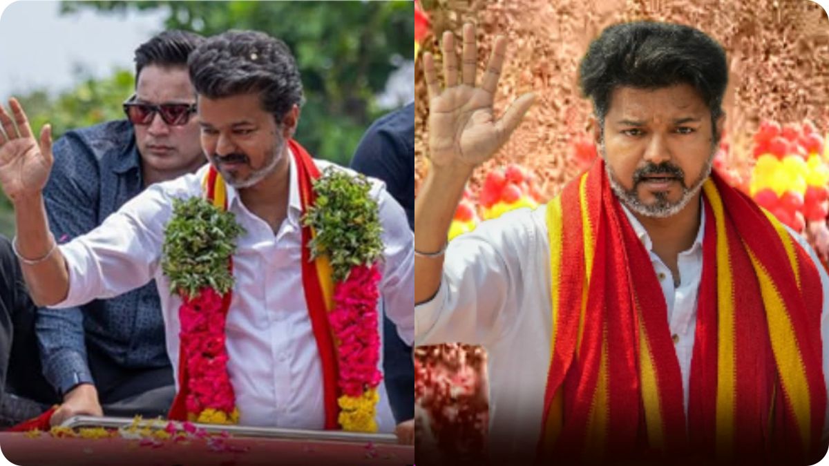 TVK President Vijay waving to supporters during a roadshow campaign in Chennai city for 2026 elections.