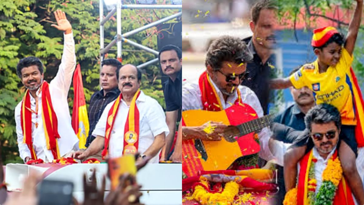 TVK leader Vijay during a public rally with crowd reaction.