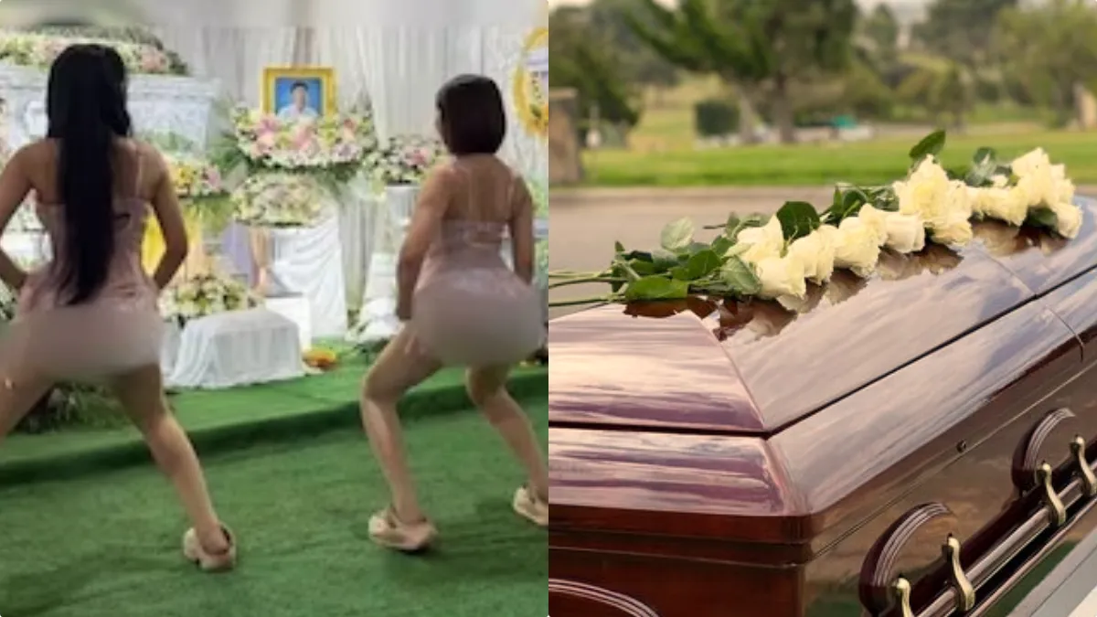 Three dancers in flashy costumes performing in front of a coffin at a Thai funeral ceremony.