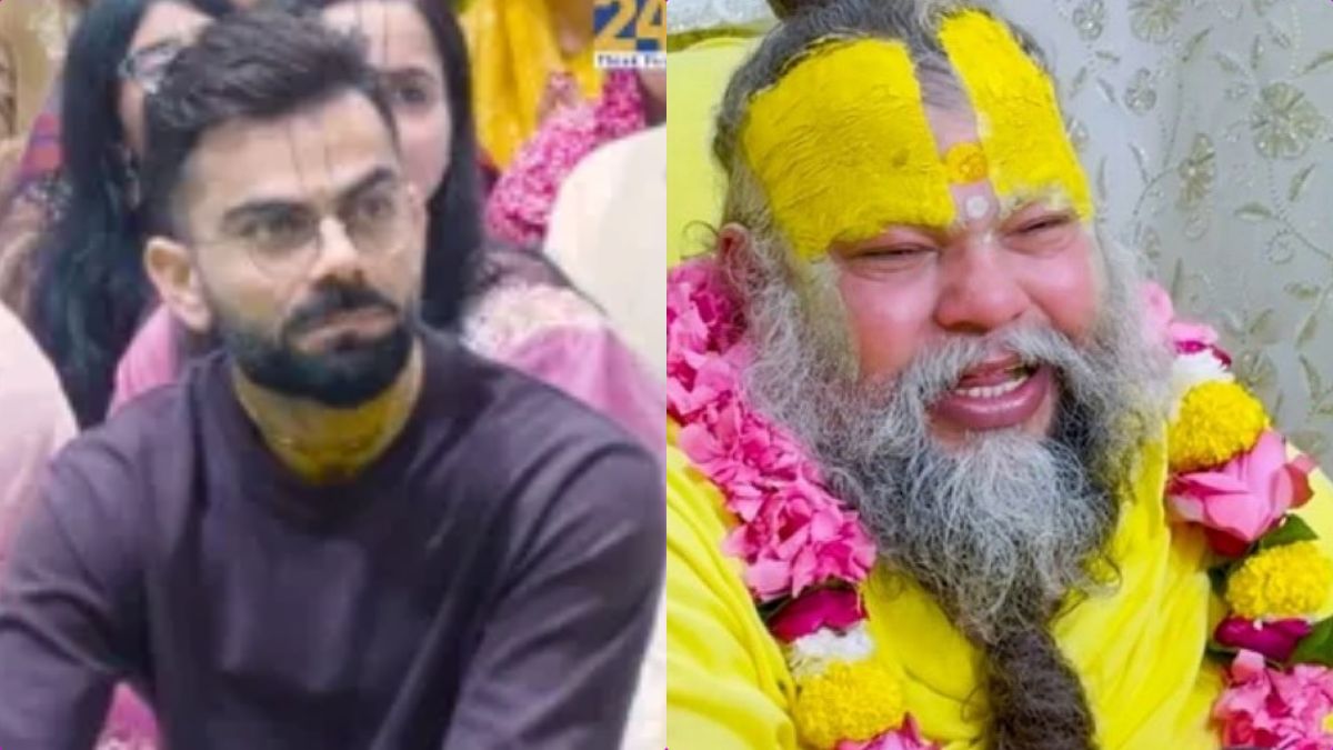 Virat Kohli and Anushka Sharma sitting and listening to Premanand Govind Sharan Ji Maharaj at Kelly Kunj Ashram in Vrindavan on April 20, 2026.