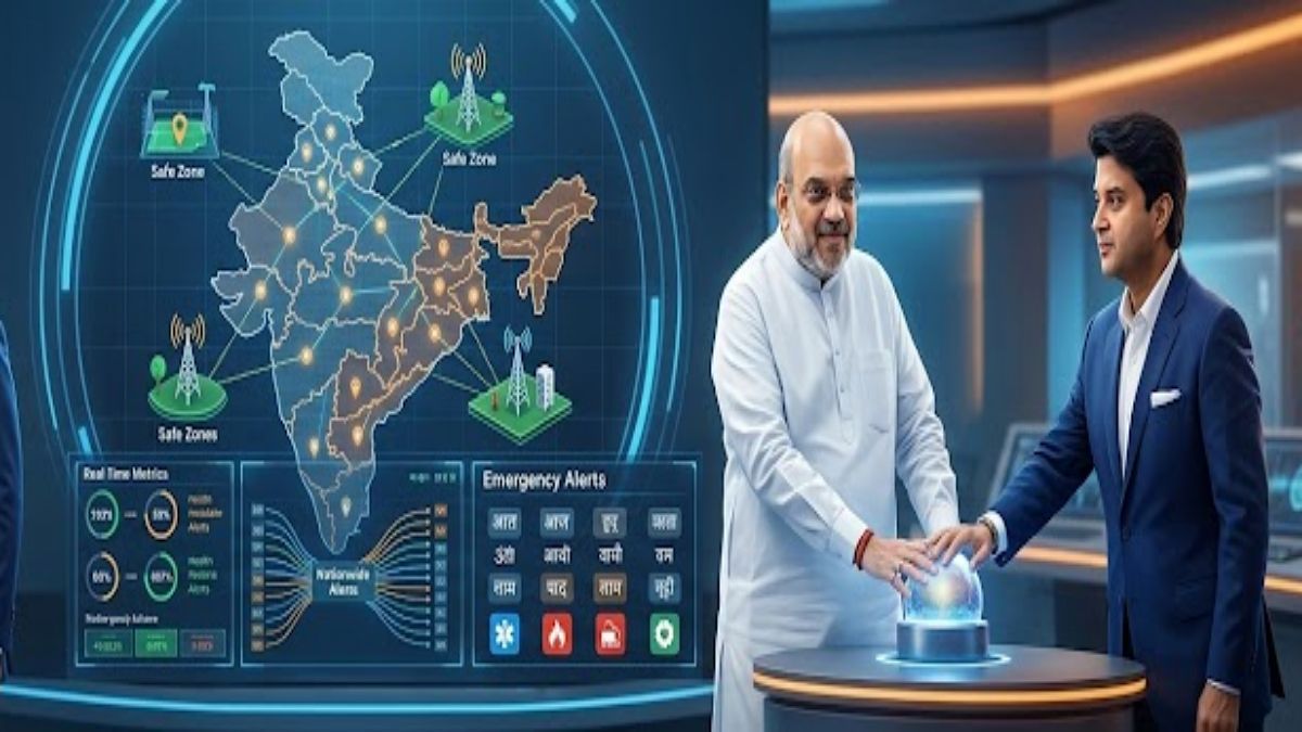 Union Ministers Amit Shah and Jyotiraditya Scindia launching the mobile-based disaster communication system.