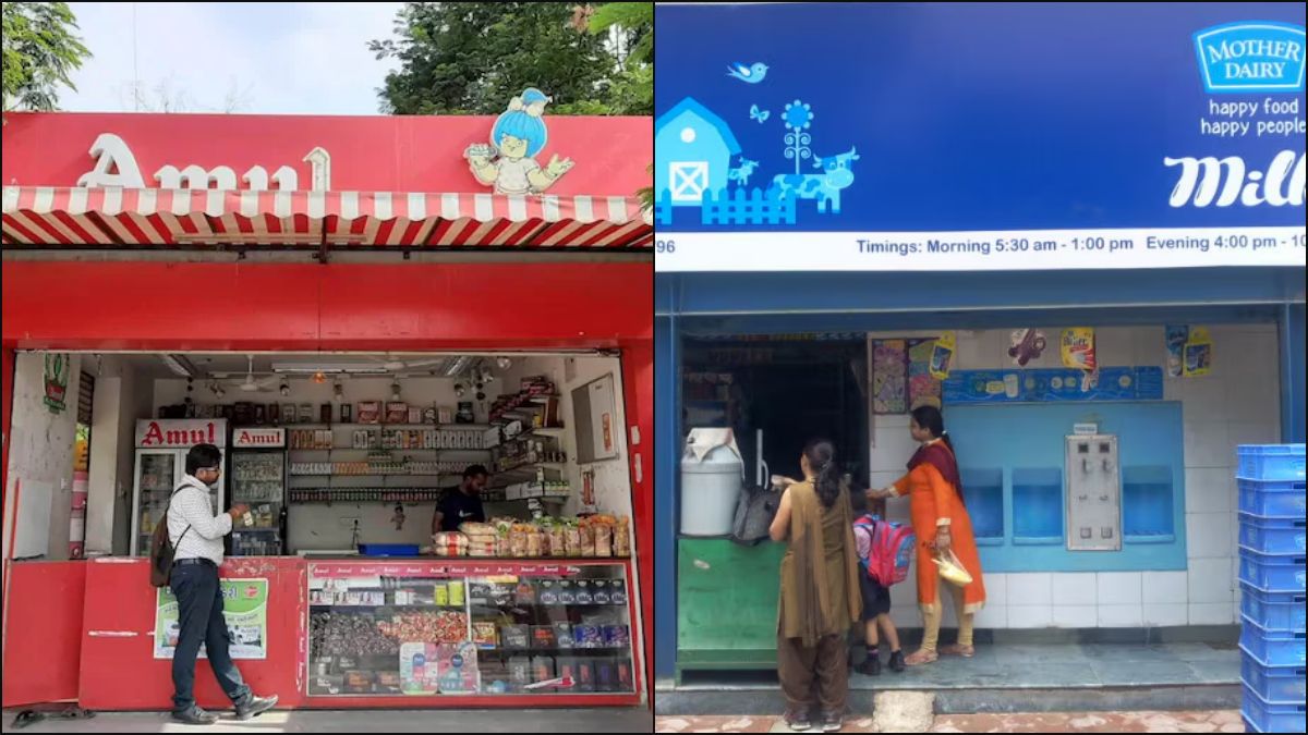 Packets of Amul and Mother Dairy milk representing the recent price hike of 2 rupees per liter.