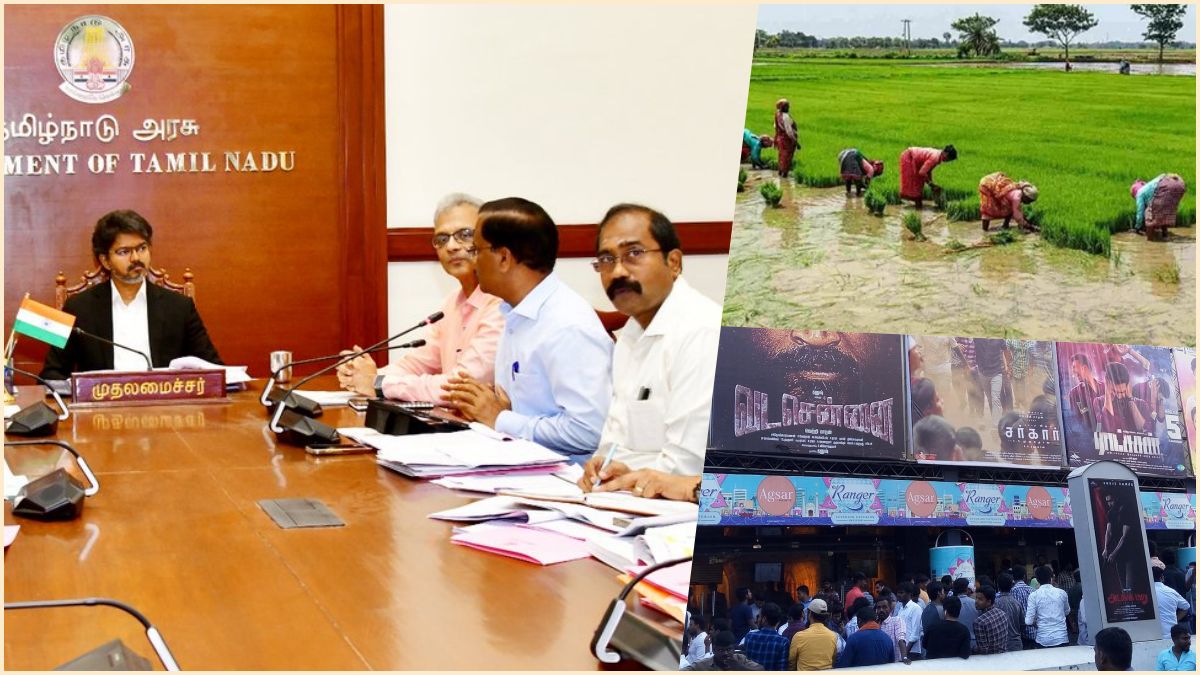 Chief Minister C. Joseph Vijay holding a high-level cabinet review meeting at the Chennai Secretariat regarding agricultural and entertainment sector policies.
