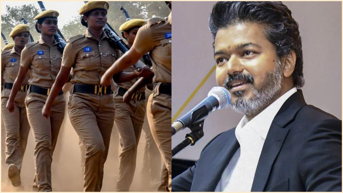 Chief Minister S. Joseph Vijay saluting at the Egmore Rajarathinam Stadium during the official passing out parade of the newly formed Singappen special women safety force.