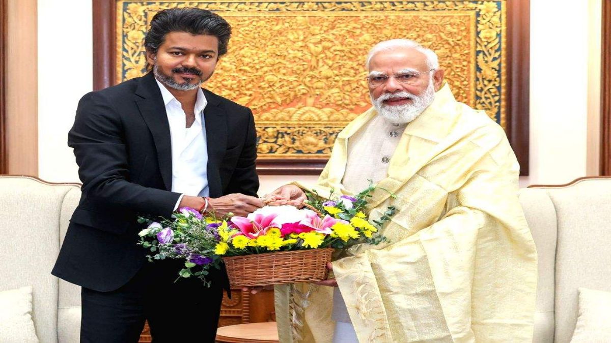 Tamil Nadu Chief Minister Vijay presenting an official memorandum of state demands to Prime Minister Narendra Modi in New Delhi.