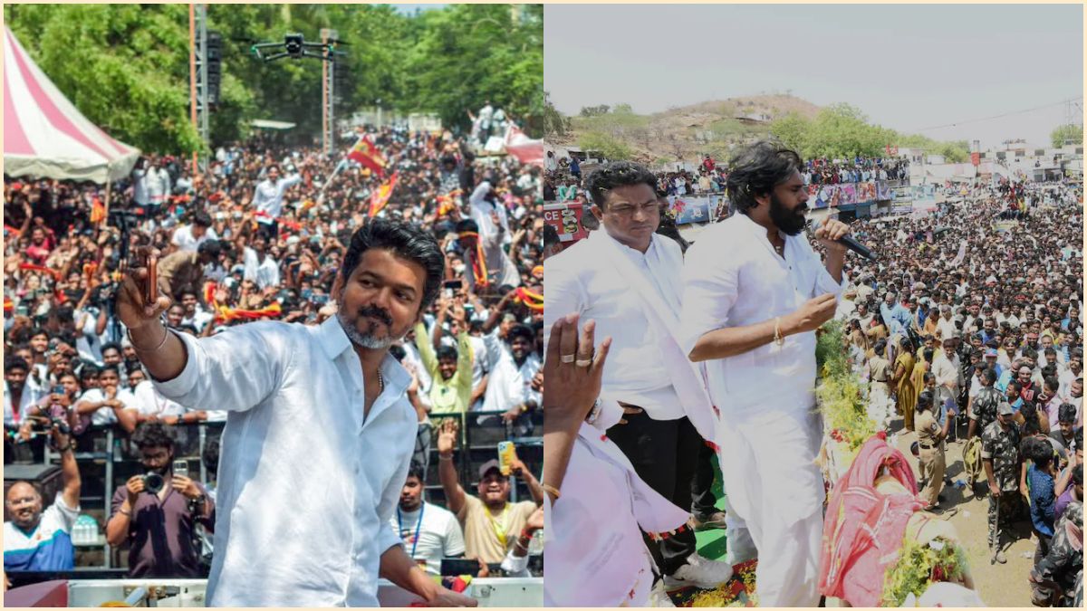 A side-by-side editorial portrait comparison of Chief Minister C. Joseph Vijay at a Tamil Nadu gathering and Deputy Chief Minister Pawan Kalyan addressing a public rally in Andhra Pradesh.