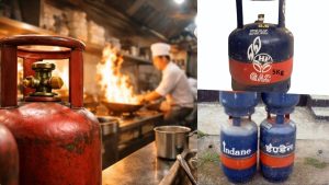 Blue commercial 19kg LPG cylinders with a price increase label for May 2026.