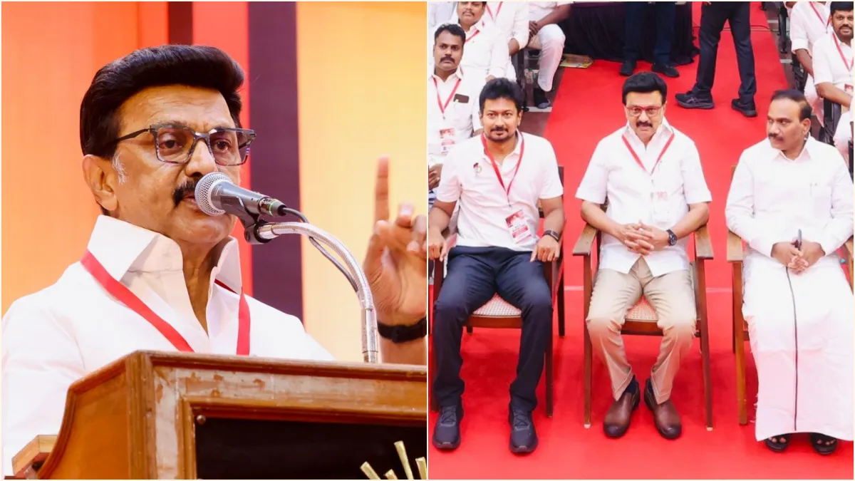 DMK President M.K. Stalin speaking aggressively behind a podium during a party executive committee meeting in Chennai.