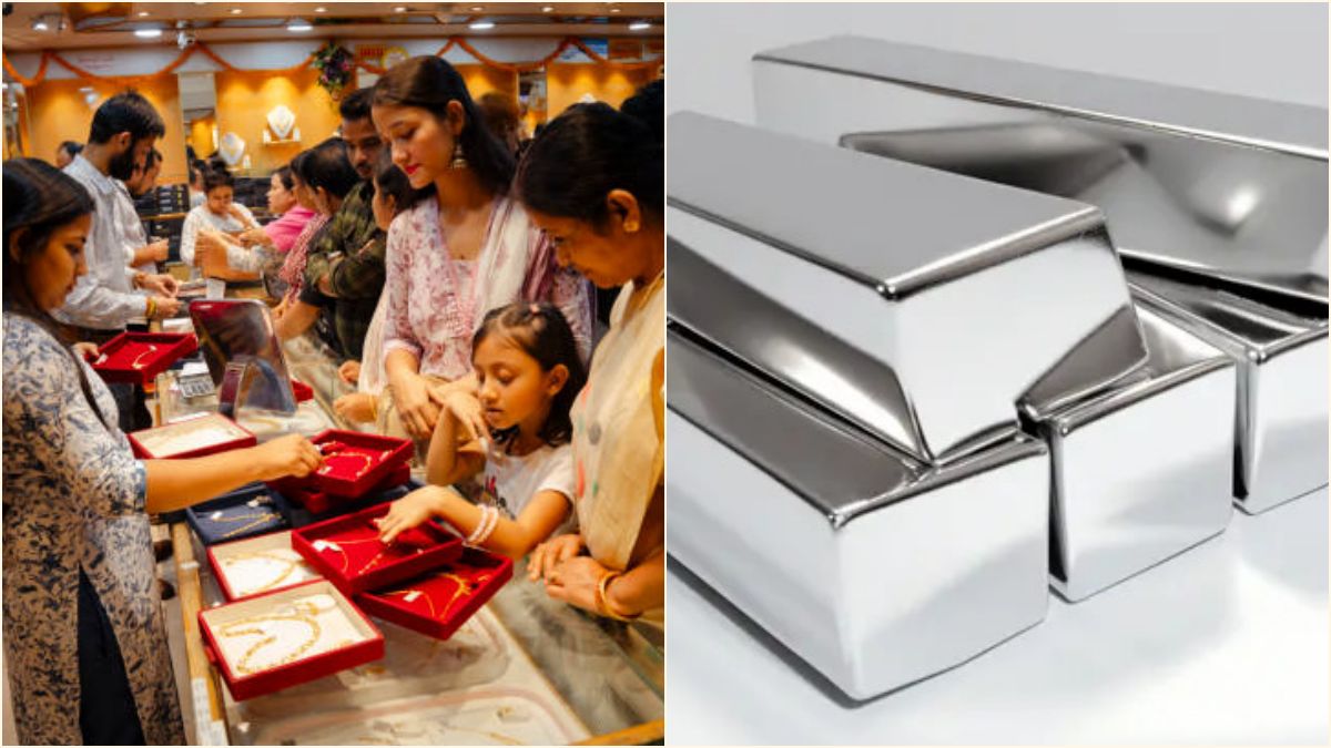 Elegantly arranged shiny 22-karat gold bangles and pure silver bars inside a retail jewelry shop display counter.