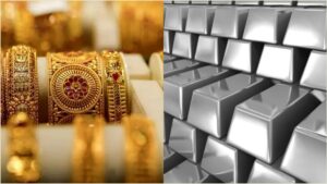 Premium gold jewelry ornaments and silver bars displayed clean on a luxury traditional store retail counter desk layout.