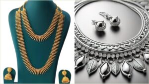 Premium gold jewelry ornaments and silver bars displayed clean on a luxury traditional store retail counter desk layout.