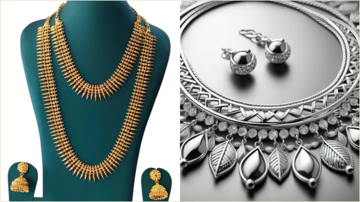 Premium gold jewelry ornaments and silver bars displayed clean on a luxury traditional store retail counter desk layout.